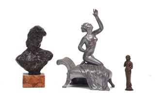 a bronze bust of a lady; together with a cast metal model of a nude female on a daybed; and a spelter figural seal - Fritz Maskos