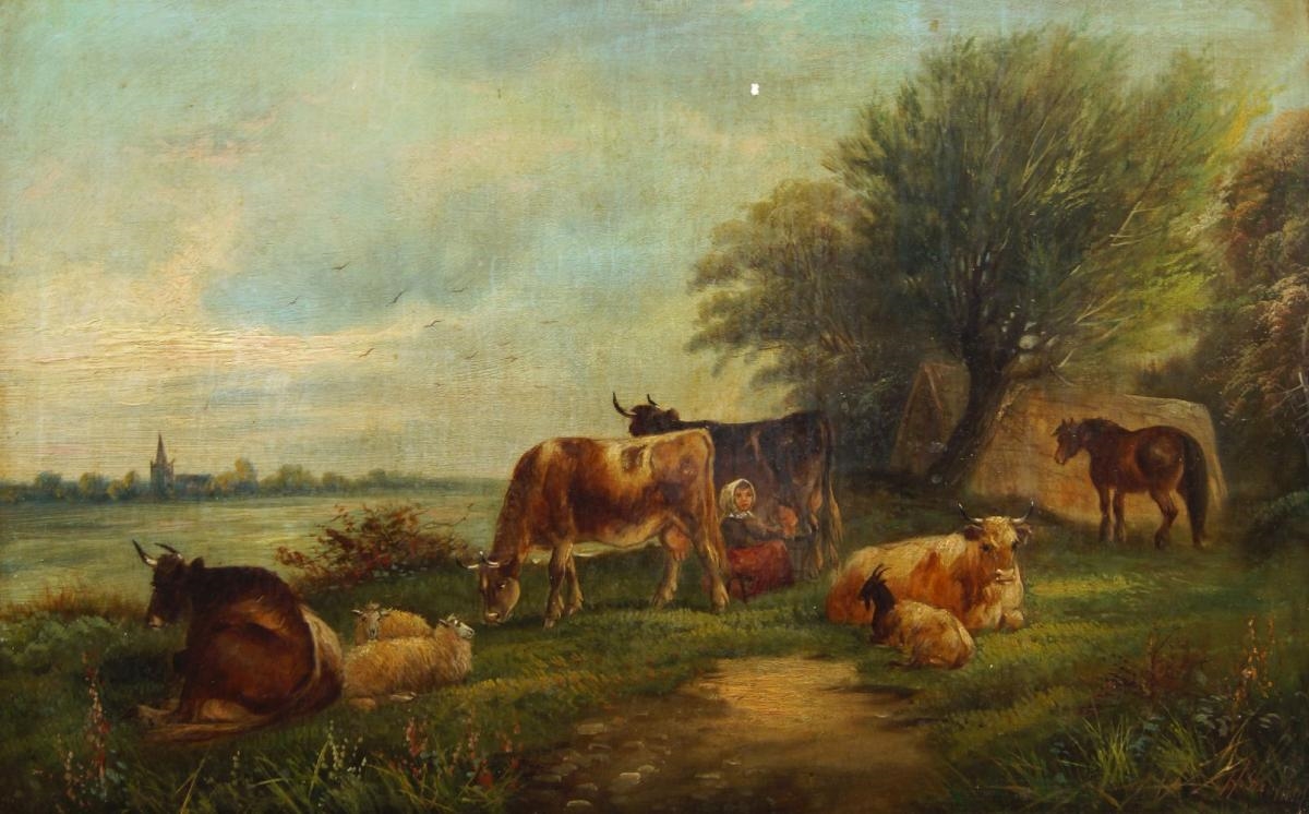 Artwork by H. Stanfield, Milkmaid with cattle by a river, Made of oil on canvas