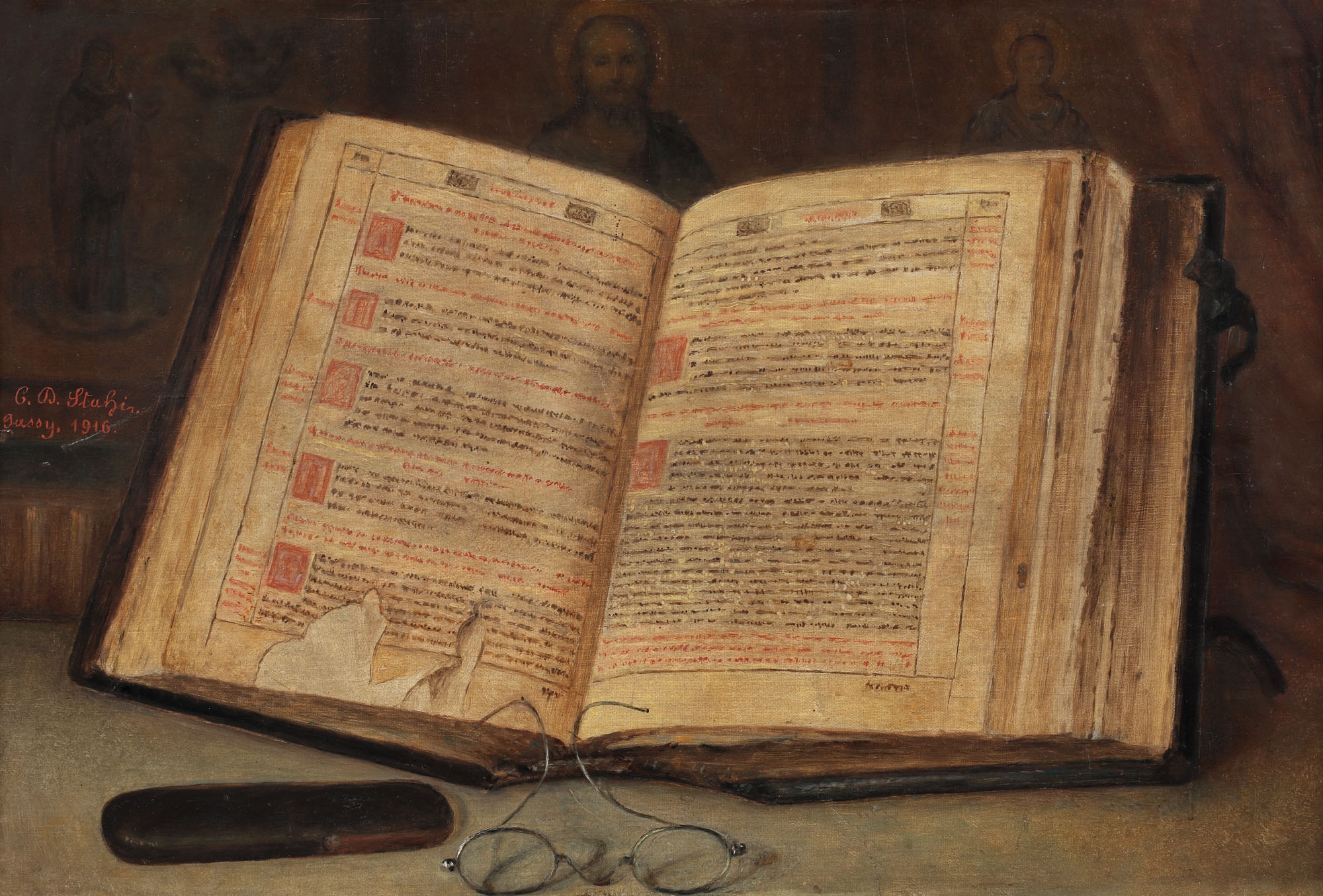 Artwork by Constantin Daniel Stahi, Natură statică cu carte de suflet (Pravila lui Matei Basarab), Made of oil on canvas