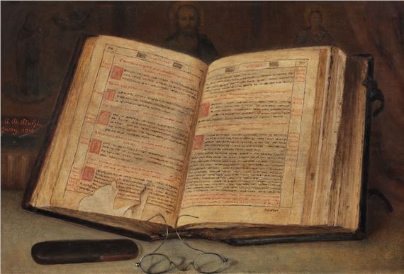 Natură statică cu carte de suflet (Pravila lui Matei Basarab) by Constantin Daniel Stahi, 1916