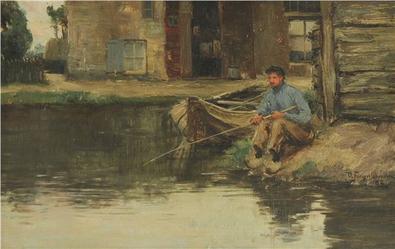 A figure fishing in a pool by a farmhouse by David Farquharson, 1882