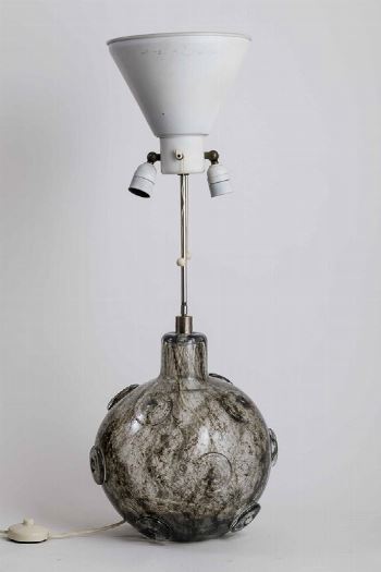 A spherical glass lamp base from the Crepuscolo series with a cylindrical neck, applied rings and a decor of submerged powders
