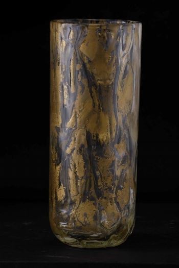 A cylindrical heavy glass vase from the Cartoccio oro series with gold leaf inclusions
