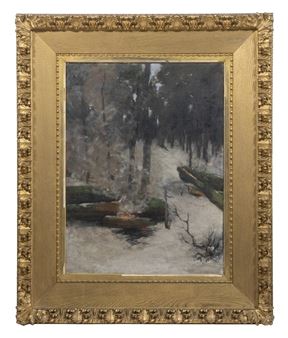 Winter Camping Scene with fire and canoe - Boyden Munsinger