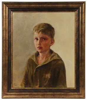 Portrait of a Young Blonde Haired Blue Eyed Boy in an olive green shawl collared jumper - Andrea Gram Kleen