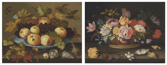 Fruit in a wan-li porcelain dish on a table; Flowers in a wicker basket on a table by Balthasar van der Ast, 1625