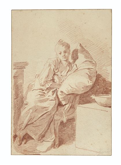 A young girl seated in an interior, leaning against a pillow (‘La Jeune malade’) by Jean-Honoré Fragonard