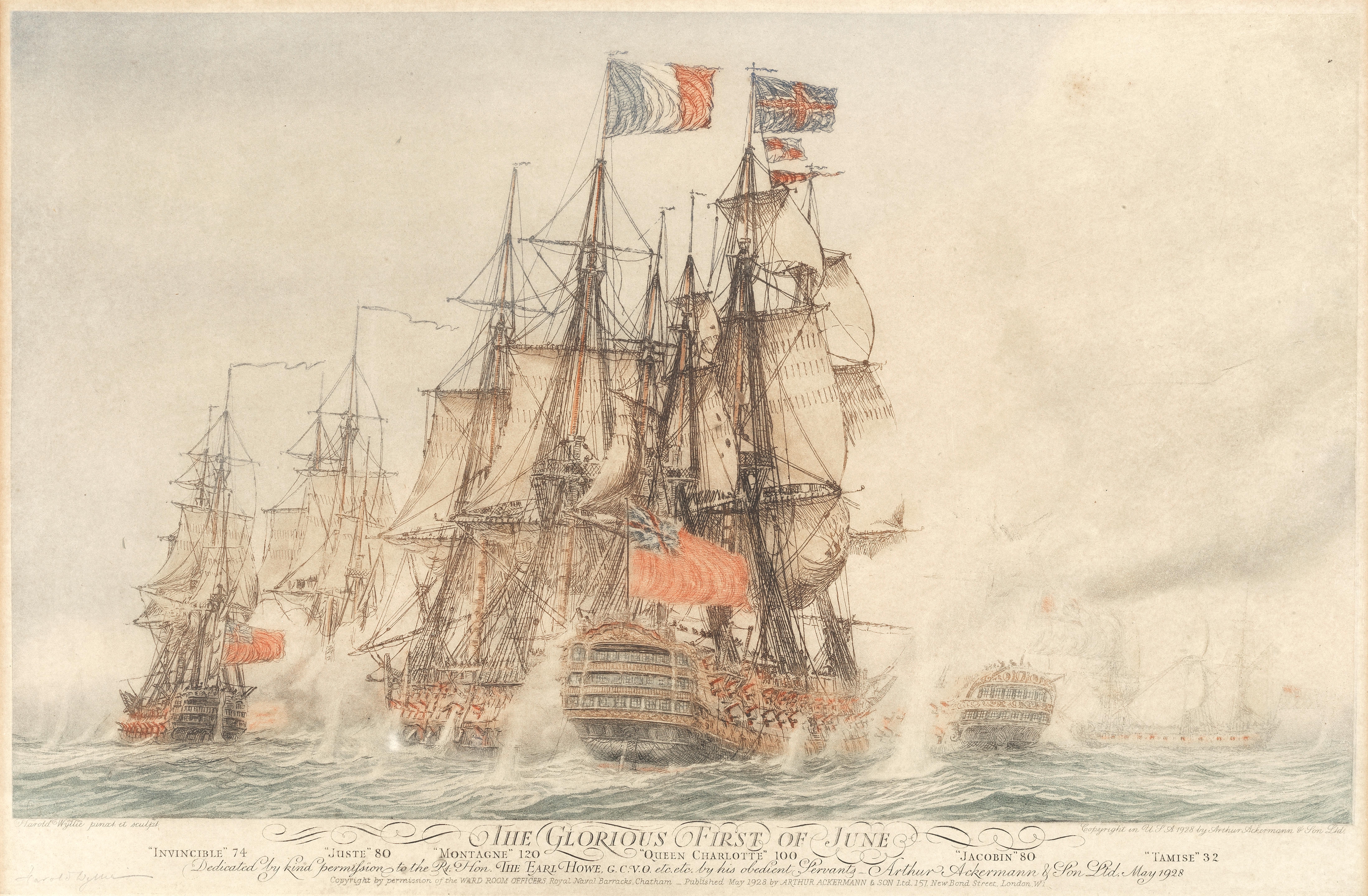 Artwork by Harold Wyllie, 'The Glorious First of June'; 'The Battle of St. Vincent', Made of A pair of etchings with aquatint printed in colours