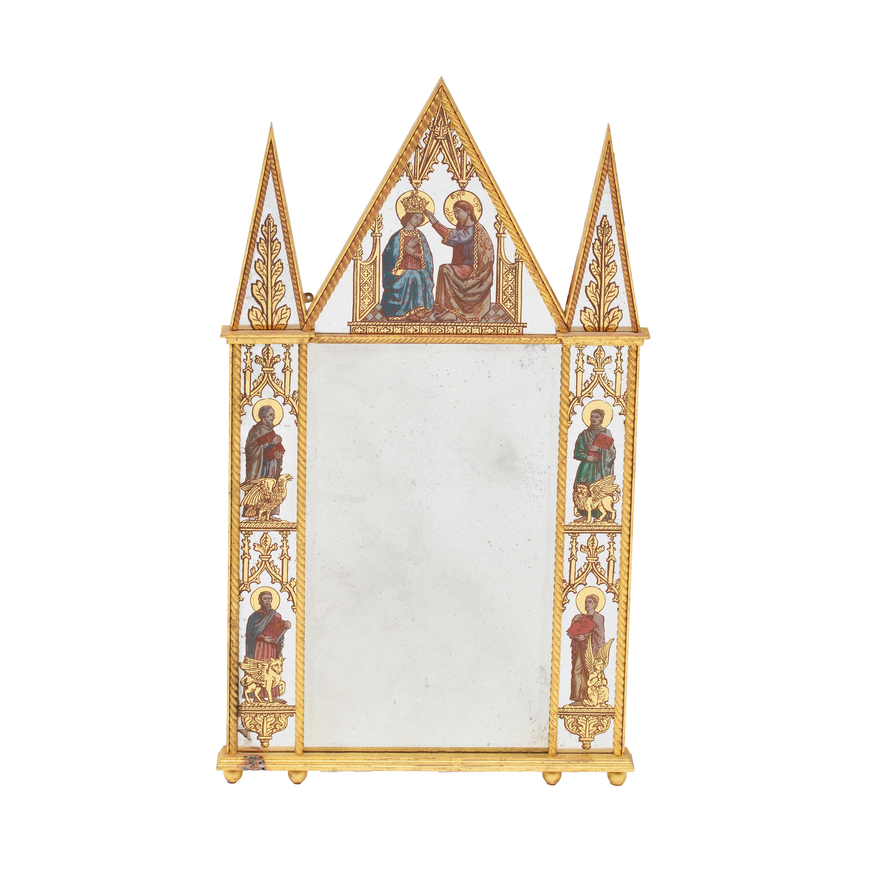 Artwork by Alan Dodd, A GOTHIC REVIVAL GILTWOOD OVERMANTEL MIRROR, Made of plates painted