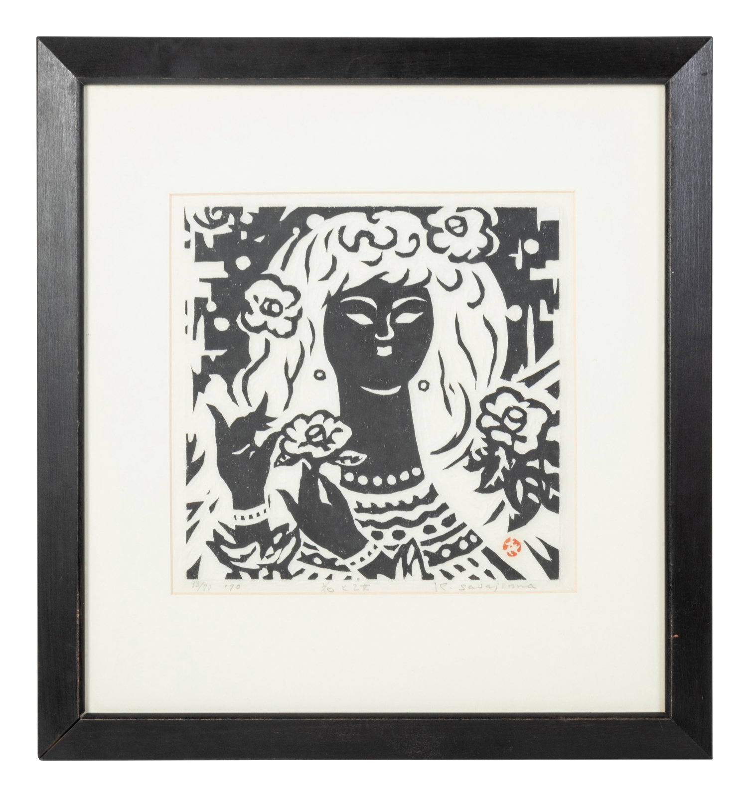 Artwork by Kihei Sasajima, Woman and Flowers, Made of color woodblock print