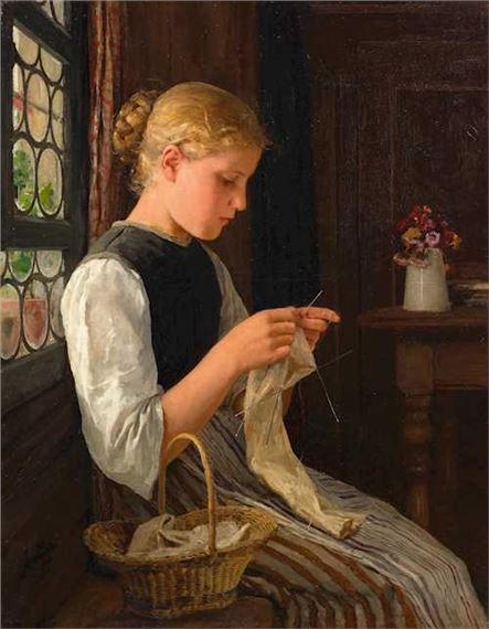 Albert Anker | Knitting girl by a window (Une tricoteuse à la fenêtre ...