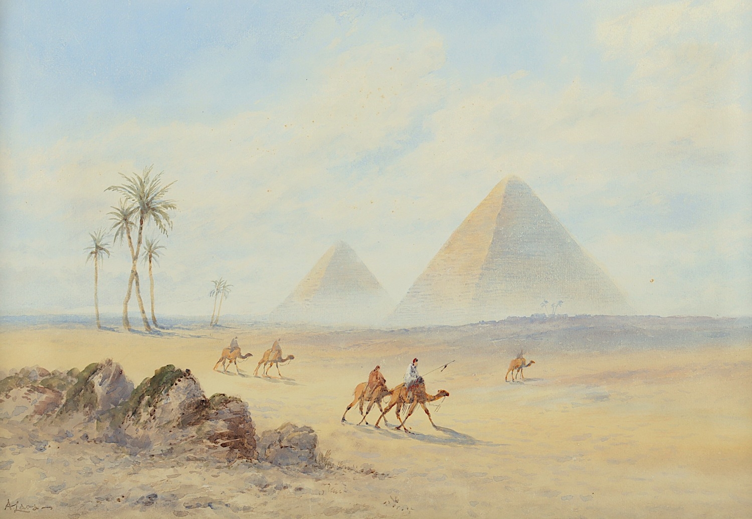Artwork by A. Lara, Blick auf die Pyramiden von Gizeh, Made of Watercolor / paper