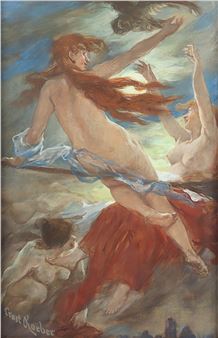 A dynamic oil painting of a nude figure in flight against a dramatic sky.
