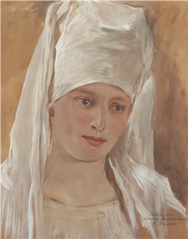 A soft, impressionistic portrait of a figure wearing a white head covering against a warm brown background.