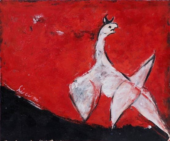 Angelo ribelle su fondo rosso by Osvaldo Licini, 1950