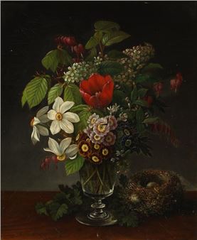 Still life with a bouquet of flowers and a birds nest with eggs on a sill - Ida Marie Margrethe Heerfordt