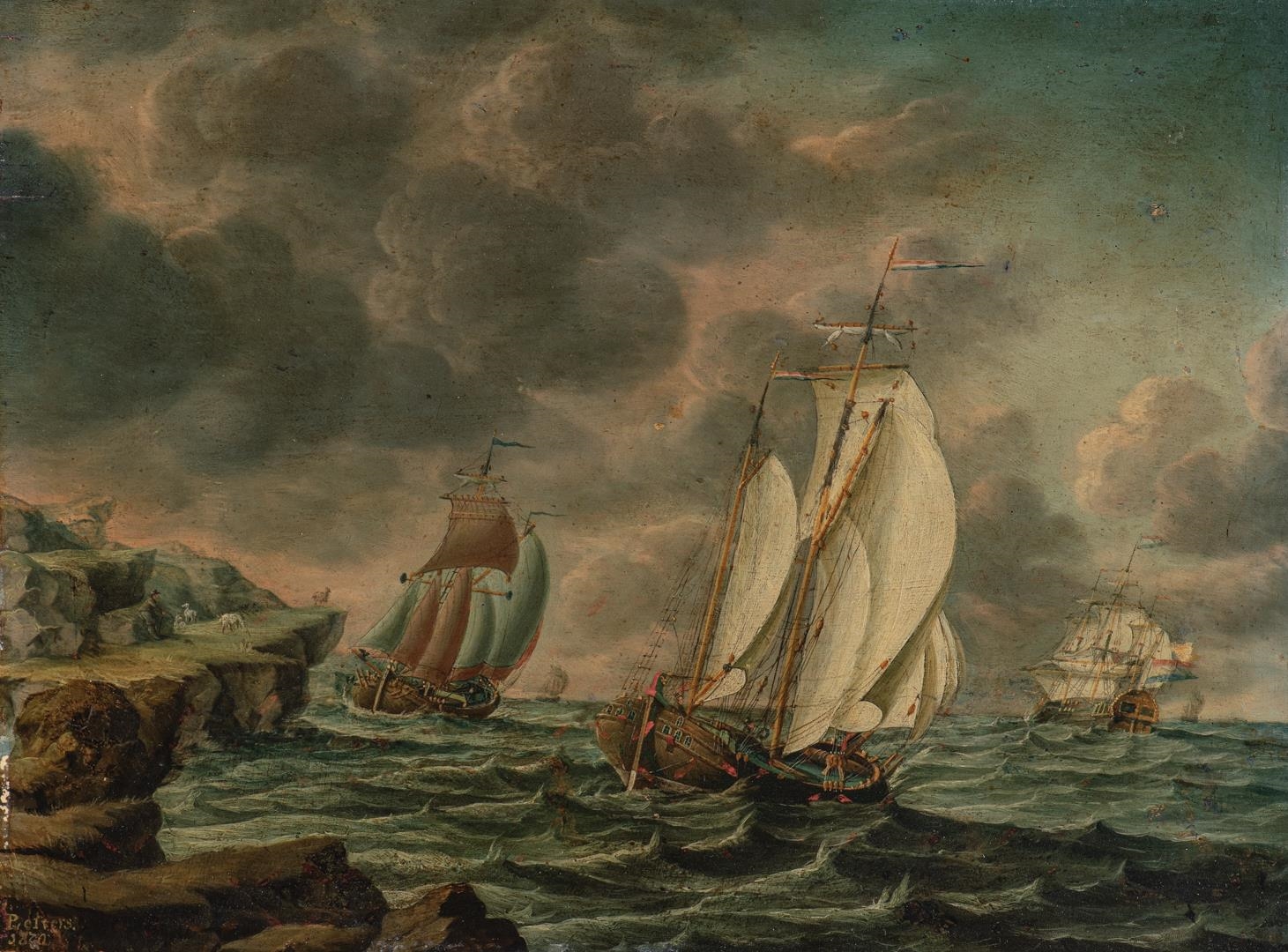 Pieter Jochums Lofvers A Dutch ManoWar and Trading Vessels off a