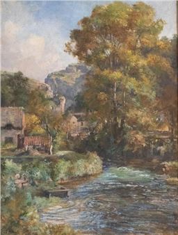 A serene landscape painting of a river winding through a valley with rustic buildings and large trees.