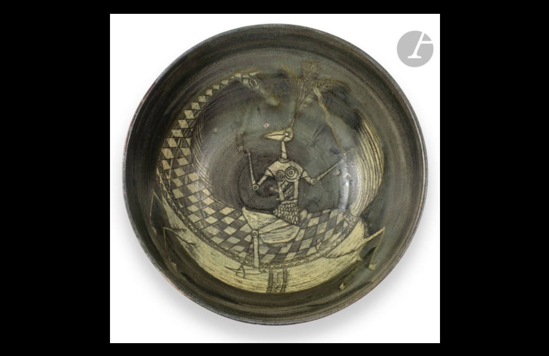 Artwork by François Raty, )Le cavalier au plumet, 1953, Made of Polychrome enamelled ceramic proof ; the engraved decoration.