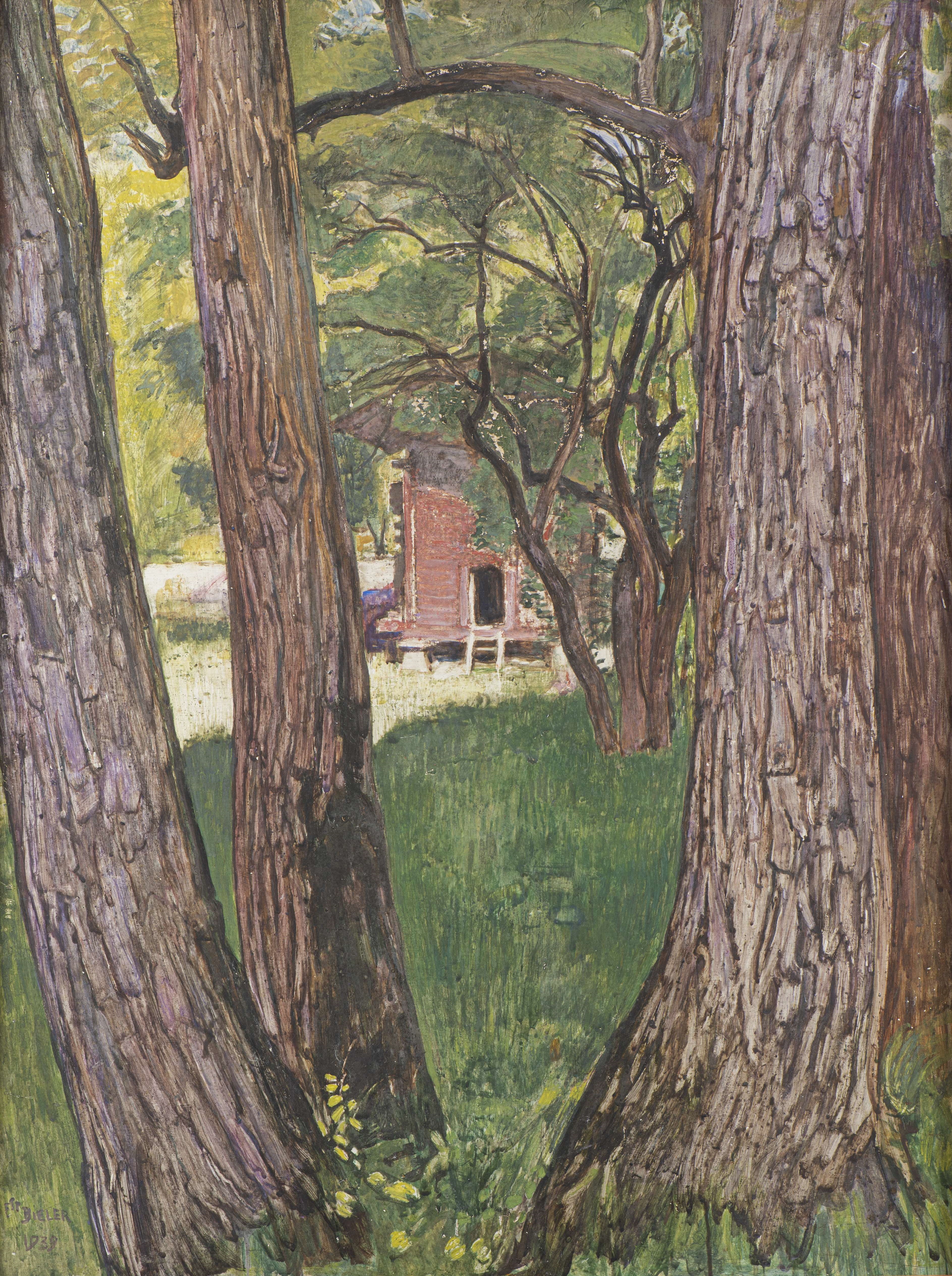 Artwork by Ernest Biéler, Under the walnut trees, Made of tempera on wood panel