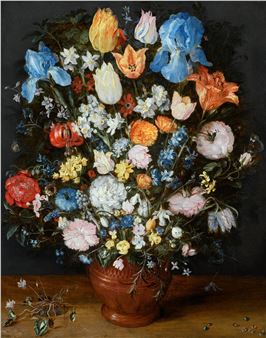 A lavish still life of many flowers in a terracotta vase resting on a wooden ledge, flanked by a clump of cyclamen and scattered diamonds and sapphires - Jan Brueghel the Elder