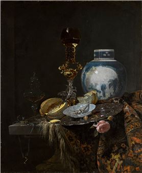 Still life with a Chinese salt jar, silver, objects of vertu, a cut melon, bread, a paper packet in a porcelain bowl, and a pink rose, all on a table draped with a Persian carpet - Willem Kalf