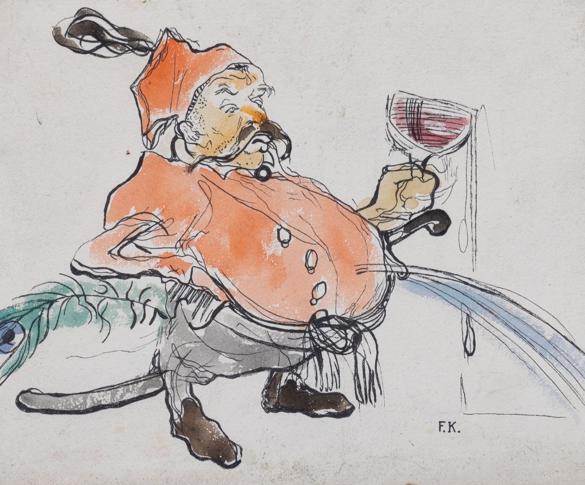 Artwork by Karol Frycz, SZLACHCIC Z KIELICHEM WINA, Made of Ink, feather, watercolor, paper