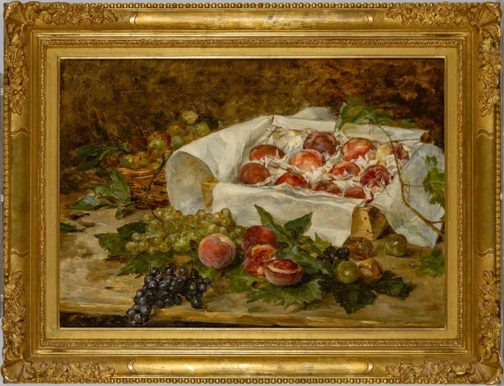 Artwork by Thérèse Moreau de Tours, Outdoor Still Life with Peaches and Grapes, Made of oil on canvas