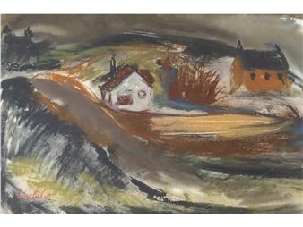 A moody landscape painting of a rural village nestled in rolling hills under an overcast sky.