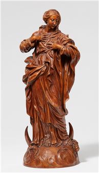A carved fruitwood figure of the Madonna Immaculata - Jean del Cour