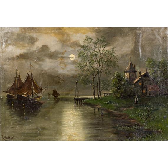 Romantic river landscape by H. Martens