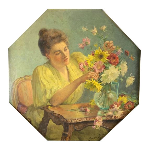 Femme préparant un bouquet. by Georges Jules Ernest Binet