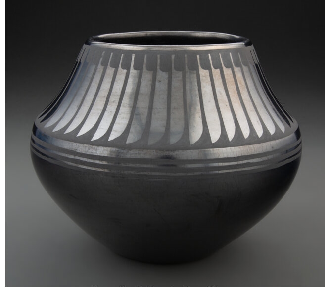 Artwork by Maria Montoya Martinez, Popovi Da, A San Ildefonso Blackware Jar, Made of clay, paint