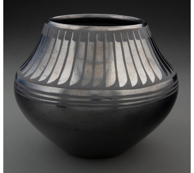 Artwork by Maria Montoya Martinez, Popovi Da, A San Ildefonso Blackware Jar, Made of clay, paint