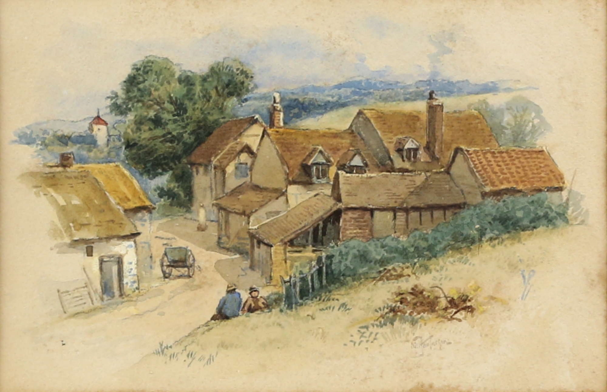 British School, 19th Century | village scene with figures, cart and ...