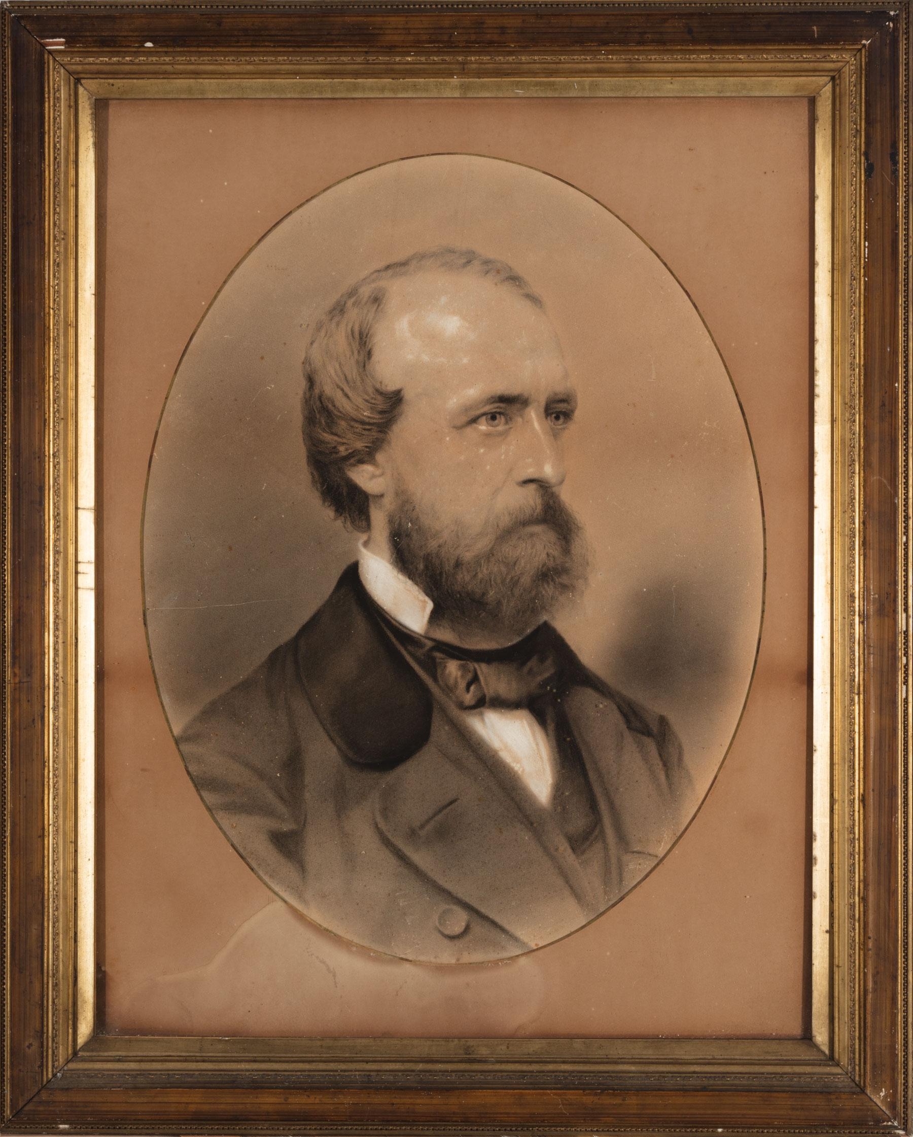 Artwork by Louisiana School, 19th Century, Portrait of James Gallier, Jr. (1827-1868), Made of charcoal and chalk on paper mounted to board