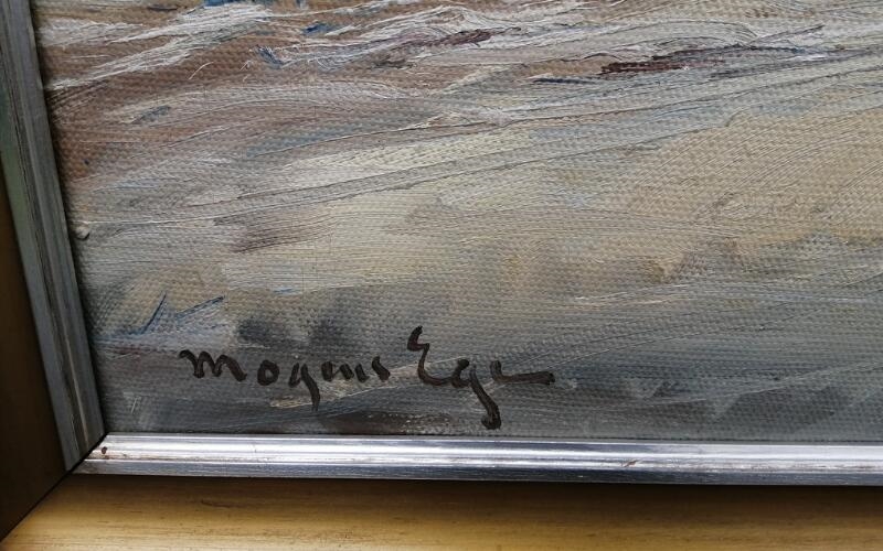 A seascape painting of a stormy ocean with birds flying over the waves.