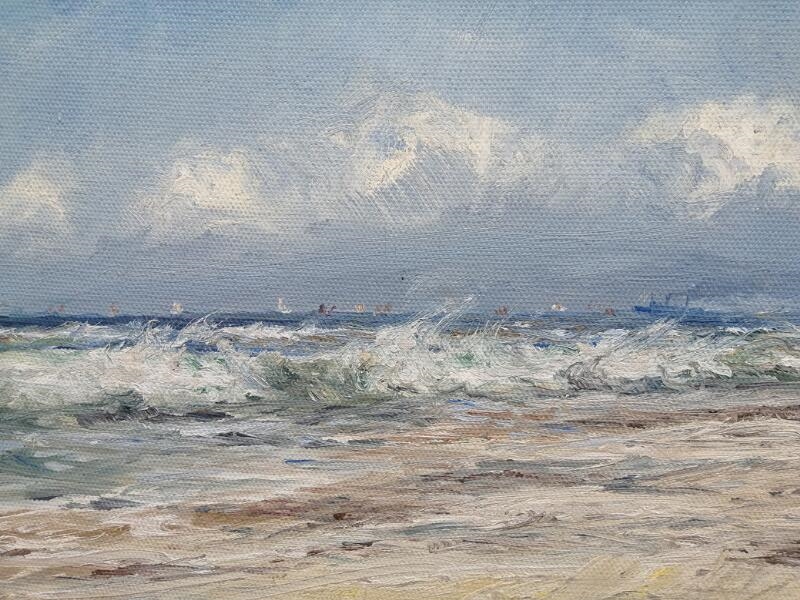 A seascape painting of a stormy ocean with birds flying over the waves.