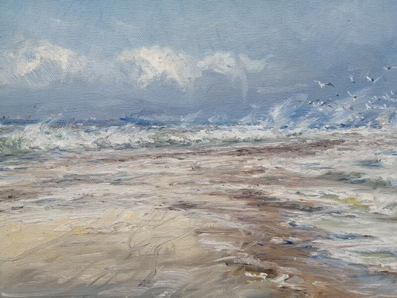 A seascape painting of a stormy ocean with birds flying over the waves.