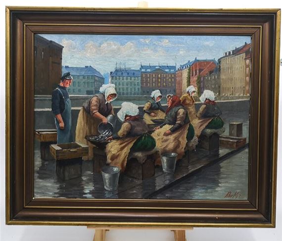 Fishermens' wives and shoppers at Gl. Strand, Copenhagen by Christian Mortensen