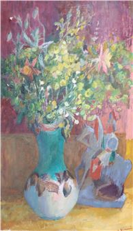 Still life of flowers in a vase with a figure alongside - Edna Ginesi