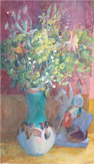 Still life of flowers in a vase with a figure alongside by Edna Ginesi