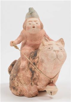 Human figure riding cat with bell on rope - Heidi Daamen