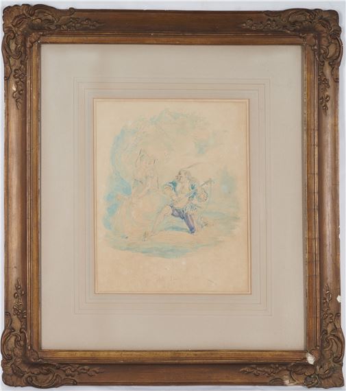 An ink and watercolour illustration of a troubadour and lady by George Cruikshank