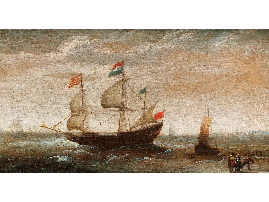 Artwork by Cornelis Verbeeck, THREE MASTERS AND SAIL SHIPS NEAR A SHORE, Made of Oil on wood.