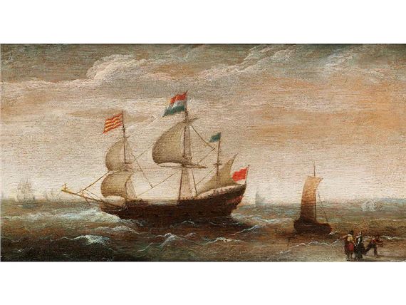 THREE MASTERS AND SAIL SHIPS NEAR A SHORE by Cornelis Verbeeck
