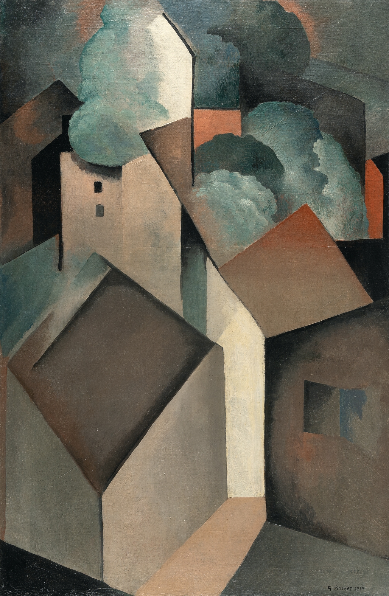 Artwork by Gustave Buchet, Recto: Village corse – Verso: Nature morte, les livres, Made of oil on canvas