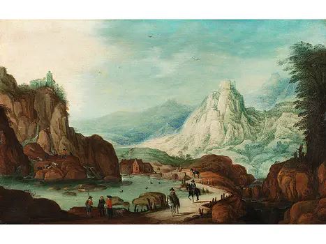 MOUNTAIN RIVER LANDSCAPE WITH RIDERS by Tobias Verhaecht