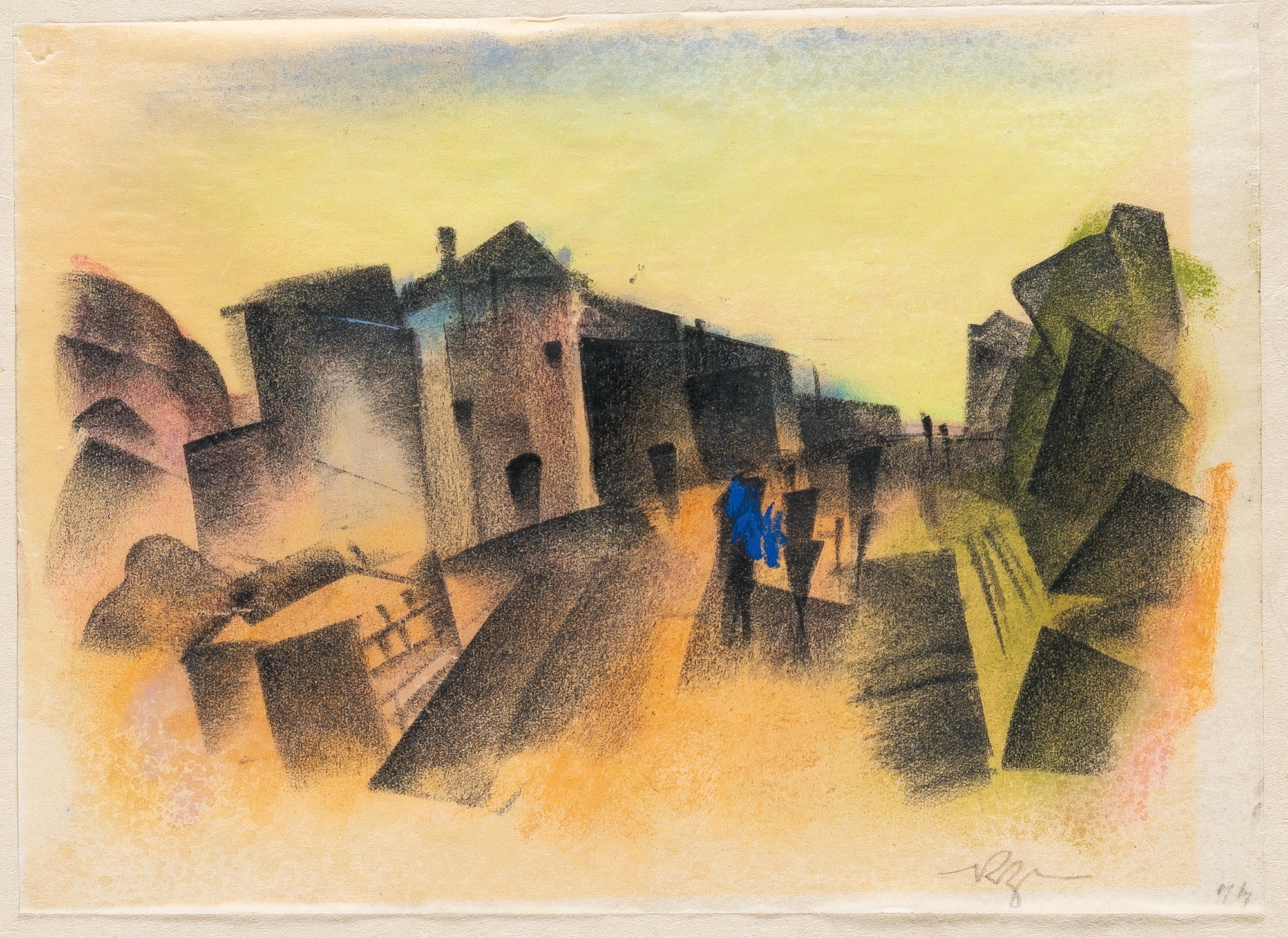 Artwork by Richard Ziegler, Street with blue figures – Italy, Made of Pastel
