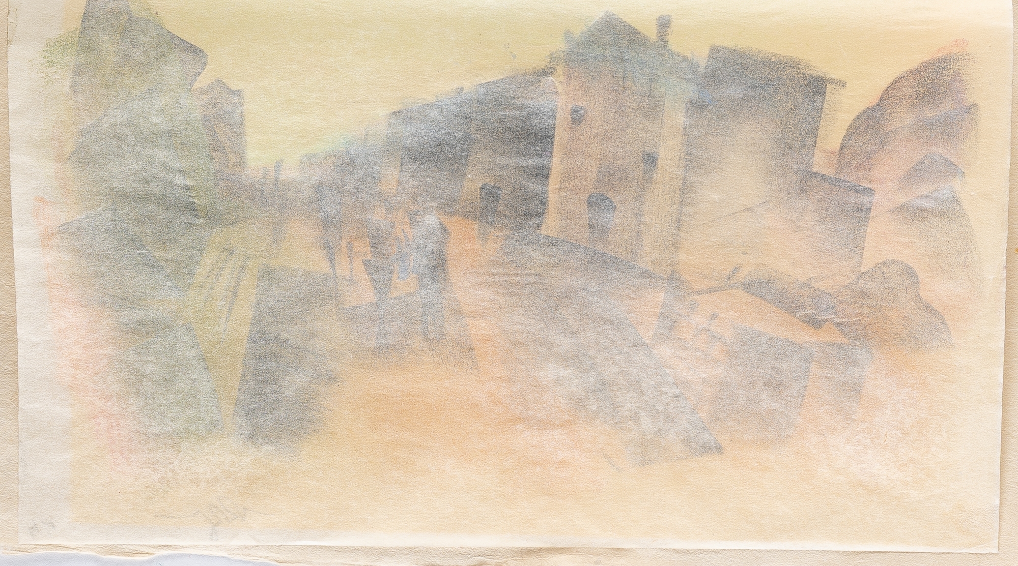 Artwork by Richard Ziegler, Street with blue figures – Italy, Made of Pastel